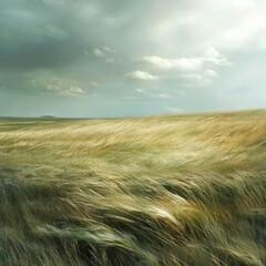 Sticker - A vast field of golden grass blowing in the wind under a dramatic sky.