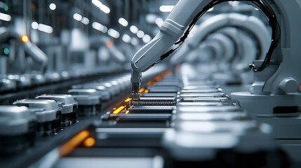 Poster - Row of White Robotic Arms at Automated Production Line at Factory Electric Car Manufacturing Line Inside Automotive Smart Factory Industrial Robot Arms Assemble LithiumIon EV Battery P : Generative AI