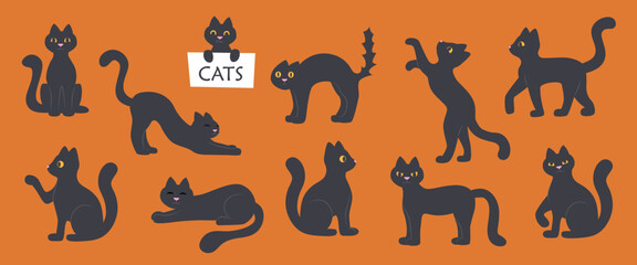 Wall Mural - Set of black cats in different poses. Halloween concept. Halloween cats.	