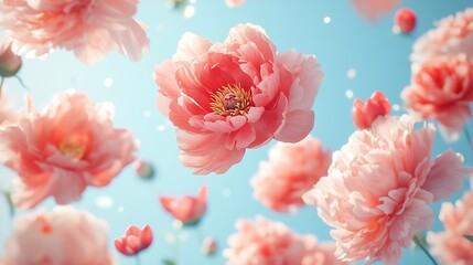 Leinwandbilder - Beautiful coral peony flowers falling on pastel light blue background : Generative AI