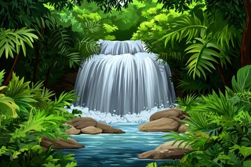 Lush Tropical Waterfall Cascading Through Green Foliage