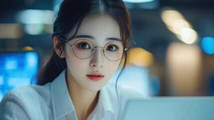 Leinwandbilder - Young business asian woman work on laptop desk doing math finance on an office desk tax report accounting statistics and analytical research concept : Generative AI