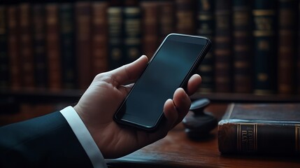 Leinwandbilder - Judge hands phone and person reading attorney communication advertising space or contact law firm consultant Lawyer cellphone mockup and top view advocate work on legal contract or pol : Generative AI