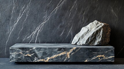 Aufkleber - black Marble pedestal Stand Stone for product podium Standing Base platform product mockup Dark Stones and rocks Textures Nature Shadow on Wall Material : Generative AI