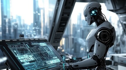Poster - A humanoid robot interacts with a sophisticated control panel, showcasing advanced technology in a vibrant, high-rise city during the day