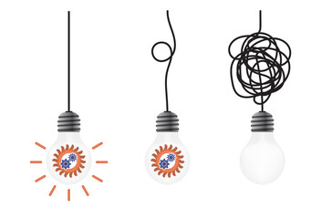 Wall Mural - Lightbulb set with 3d gear, cable knot. Problem solving, complex business process resolving concept vector design with 3d cogwheel lightbulb, wire.