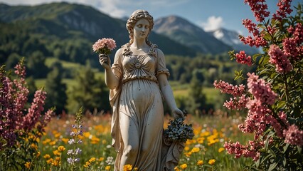 A statue of Persephone standing on a flower-filled meadow, holding a bouquet of spring flowers, with a colorful spring landscape as the backdrop.