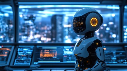 Poster - An advanced robot is positioned in a sleek control room filled with glowing displays, overlooking a vibrant city skyline at night, showcasing its sophisticated design and technology