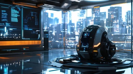 Poster - The advanced robot stands prominently in a sleek, modern laboratory, surrounded by glowing displays and tech interfaces