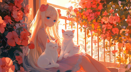 Wall Mural - A beautiful anime girl with long blonde hair and blue eyes, sitting on her balcony in an elegant outfit, holding two cute kittens.