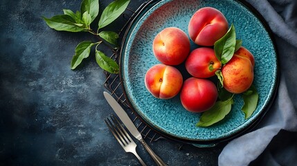 Wall Mural - Top view of seasonal peaches served on plate near plate with fork and knife placed on table near napkin and oven rack : Generative AI