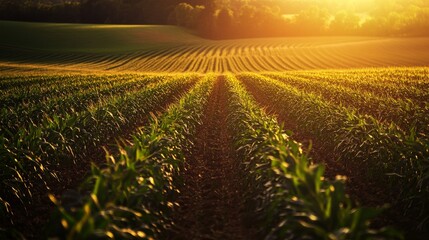Poster - Rows of corn plants in a neatly organized field, with the sun setting in the background, casting a warm golden light over the landscape.