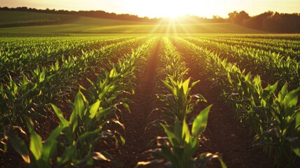 Poster - Rows of corn plants in a neatly organized field, with the sun setting in the background, casting a warm golden light over the landscape.