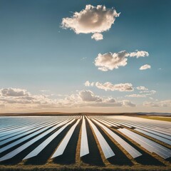 Wall Mural - A vast field of solar panels under a blue sky with white clouds.