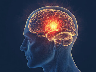 Wall Mural - An illustration of the human head with a glowing brain, in blue and red tones, with light effects highlighting areas where pain is felt.