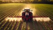 © The Little Hut - Aerial video of tractor spraying soil and young crop in springtime in field Tractor spraying pesticides on soy field with sprayer at spring Nozzle of the tractor sprinklers sprayed : Generative AI