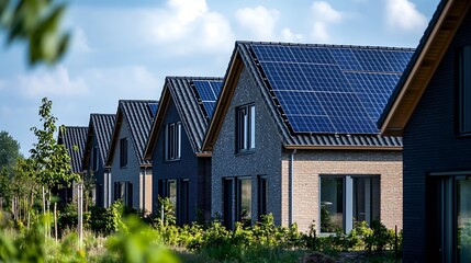 Poster - Newly built houses with black solar panels on the roof against a sunny sky Close up of new building with black solar panels Zonnepanelen Zonne energie Translation Solar panel Sun Energ : Generative AI