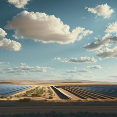 Wall Mural - A vast solar farm stretches across a desert landscape, with rows of panels reflecting the sun's rays. A line of olive trees provides a touch of greenery.