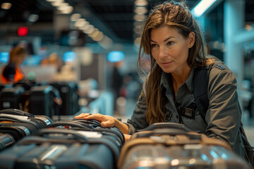 On a sunny morning at airport, a woman with a determined expression is seen from a high-angle view, carefully examining luggage scans with precision and expertise, ensuring safety and security of trav