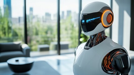 Poster - A humanoid robot is prominently displayed in a sleek indoor space, surrounded by large windows revealing a bustling cityscape. Its innovative design highlights advanced technology
