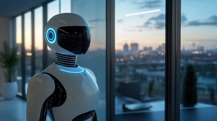 Poster - A sleek humanoid robot is situated in a contemporary office, with panoramic windows revealing a vibrant city skyline during sunset. The robot features illuminated accents and a polished design