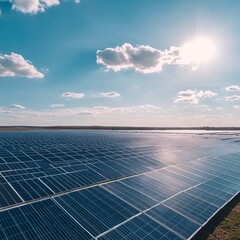 Wall Mural - A vast solar panel field stretches across a landscape under a bright blue sky with white clouds.