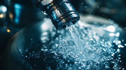 Poster - Macro photography of a water filter s control valve being turned on capturing the detailed handle and precise water flow regulation