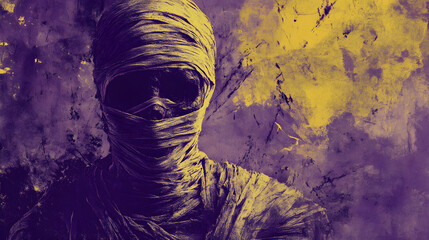 Wall Mural - A Halloween themed mummy on a grunge background with purple and yellow accents, giving it a spooky feel.