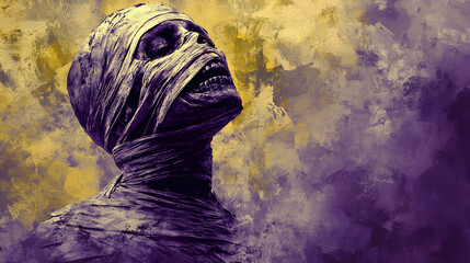 Wall Mural - A Halloween themed mummy on a grunge background with purple and yellow accents, giving it a spooky feel.