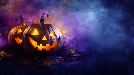 Wall Mural - Halloween themed jack o'lanterns on a grunge background with purple and yellow accents for a spooky feel.