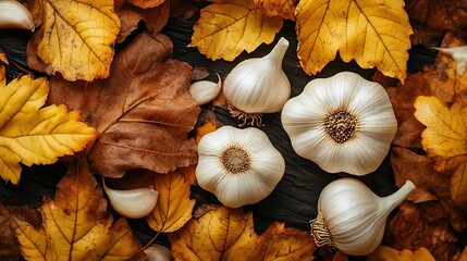 Aufkleber - Flat lay and closeup harvested garlic Autumn harvest Healthy vegan food concept : Generative AI