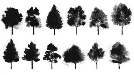 trendy set of black silhouettes of trees on a white background, made with ink, rough brushstrokes. g