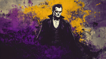 A Halloween themed vampire on a grunge background with purple and yellow accents, giving it a spooky feel.