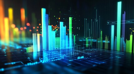 Poster - vibrant 3d bar chart in blue and green, with a digital interface overlay, set against a dark backgro