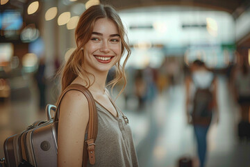 Wall Mural - On a sunny summer morning, a young beautiful woman with a vibrant smile and a stylish suitcase stands in bustling airport terminal, exuding confidence and excitement as she embarks on a new adventure,