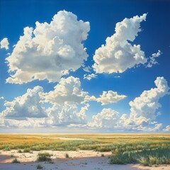 Poster - A vast, open field stretches out under a brilliant blue sky dotted with fluffy white clouds. The ground is a mix of green grass and sandy patches, with the sun casting long shadows.