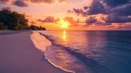 Wall Mural - Gorgeous sunset over serene beach breathtaking summer landscape on Maldives High quality photo Beautiful view : Generative AI