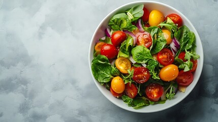 Poster - Delicious vegetable salad on light grey table top view : Generative AI
