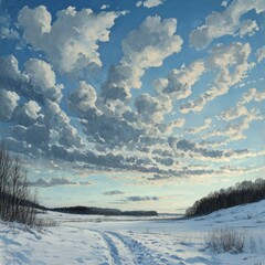 Wall Mural - A vast, snow-covered field stretches towards a horizon dominated by a dramatic, cloudy sky.