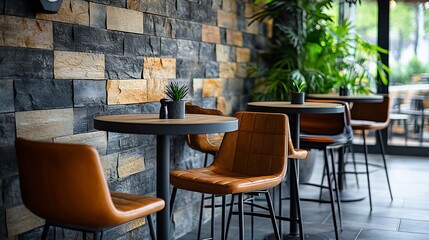 Aufkleber - Seating area with bar tables and bar chairs in a modern cafe industrial style with stone wall wood and black steel : Generative AI
