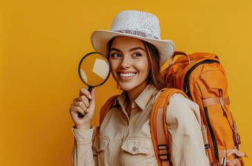 Wall Mural - A woman in an explorer outfit is looking through a magnifying glass, with a backpack on her back, against an isolated yellow background