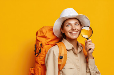 Canvas Print - A woman in an explorer outfit is looking through a magnifying glass, with a backpack on her back, against an isolated yellow background