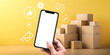 © guguart - Abstract background. Logistics concept and exporting products online through smartphones. Yellow, Hand, Export, Shopping