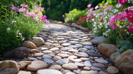 Wall Mural - rock path leading through a flower garden : Generative AI