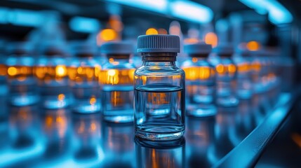 Wall Mural - Close-up of Laboratory Vials with Blue and Orange Lighting in a Modern Scientific Research Facility