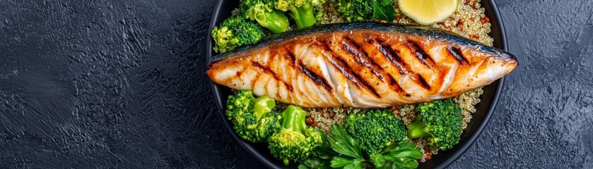 grilled salmon, quinoa, broccoli, and lemon for a brain-boosting meal - healthy eating concept.