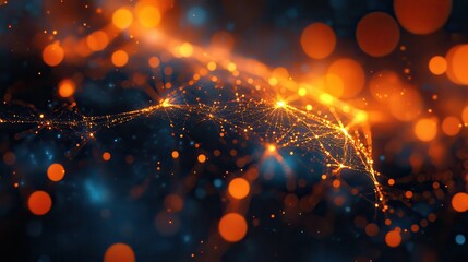 Wall Mural - Abstract Network of Glowing Orange Nodes and Connections on Dark Background with Bokeh Effect