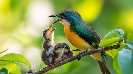 Poster - Sunbird Nectarinia jugularis female feeding new born chicks on branch Sunbird feeding Sunbird hovering : Generative AI
