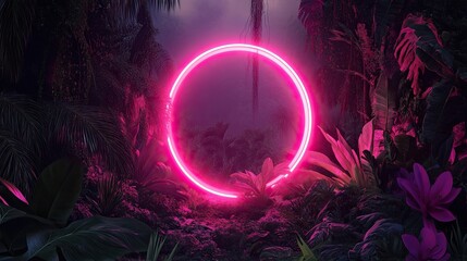 Neon Circle in Jungle: Vibrant Pink Neon Circle Glowing Against a Lush Tropical Jungle Background with Exotic Flowers and Vibrant Greenery