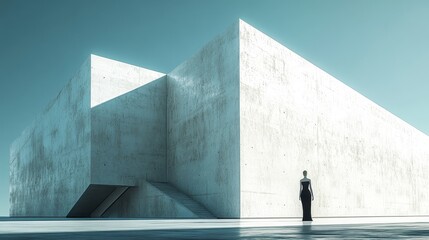 The contrast between modern architectural masterpieces and humanistic elements, the black dress of a woman in front of a concrete building showcases the harmony between sharp lines and human form.